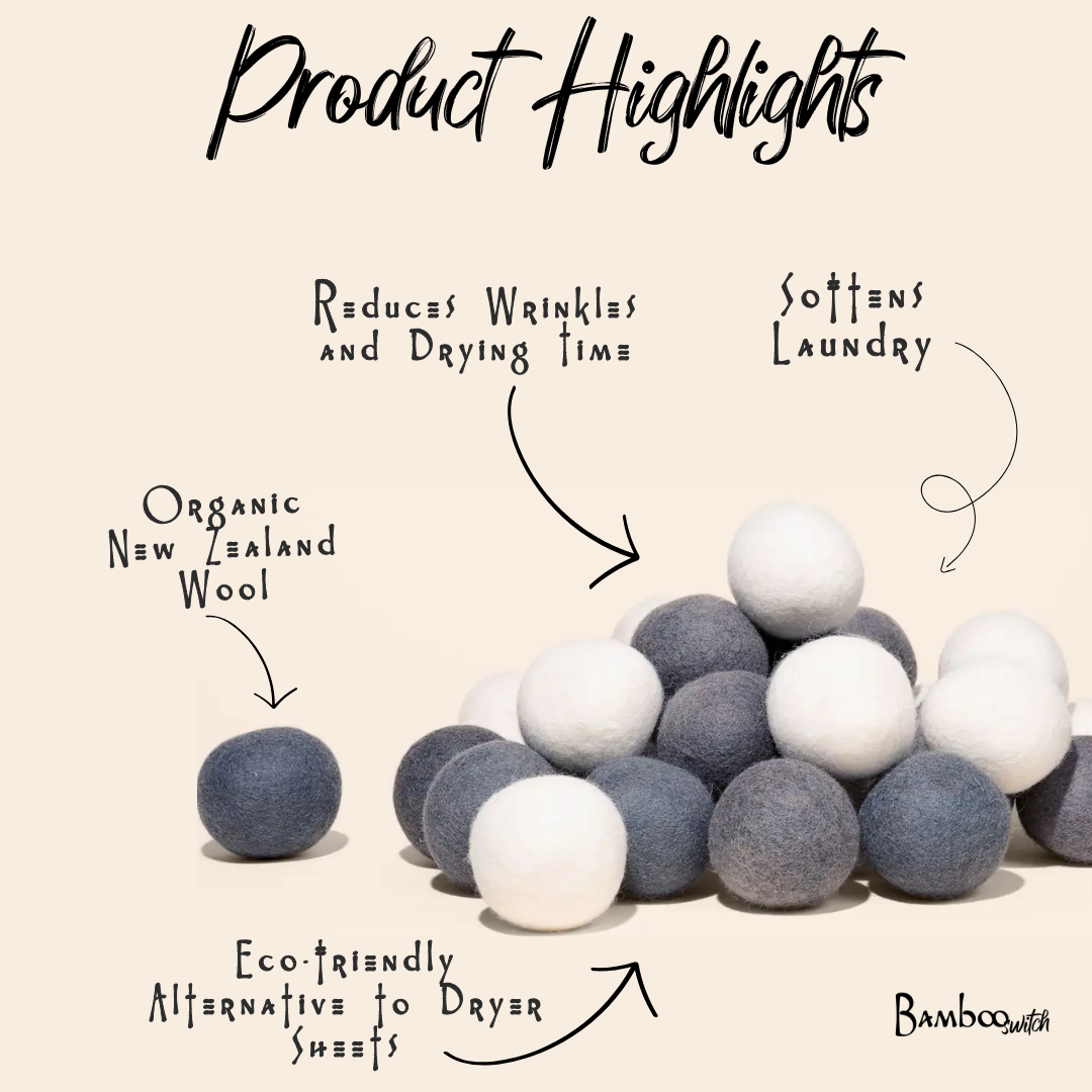 Organic New Zealand Wool Dryer Balls infographic showing benefits: reduces wrinkles, shortens drying time, softens laundry, and eco-friendly alternative to dryer sheets.