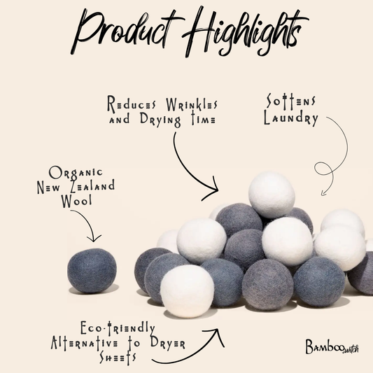 Organic New Zealand Wool Dryer Balls infographic showing benefits: reduces wrinkles, shortens drying time, softens laundry, and eco-friendly alternative to dryer sheets.