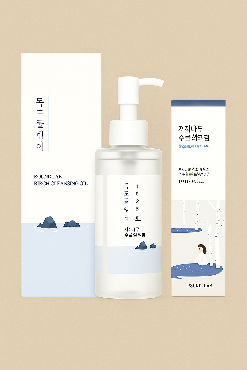 Cozy Time Living Spring Glow Skincare Set featuring Round Lab Dokdo Cleansing Oil, Dokdo Toner, and Birch Juice Sunscreen on a warm minimalist background.