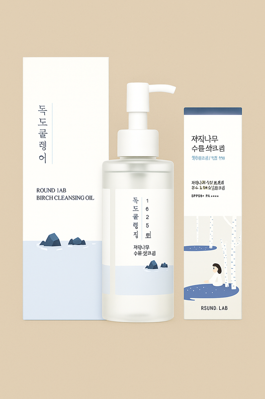 Cozy Time Living Spring Glow Skincare Set featuring Round Lab Dokdo Cleansing Oil, Dokdo Toner, and Birch Juice Sunscreen on a warm minimalist background.
