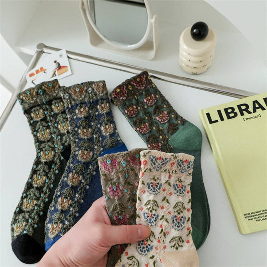 Rufia Embossed Vintage Floral Mid-Calf Socks in soft cream and muted tones - Cozy Time Living soft vintage hosiery.
