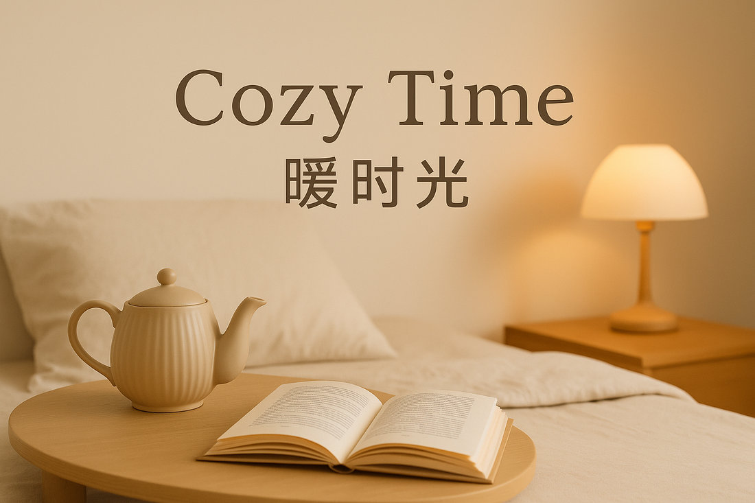A cozy morning ritual with a teapot, an open book, and a warm lamp on a bedside table.