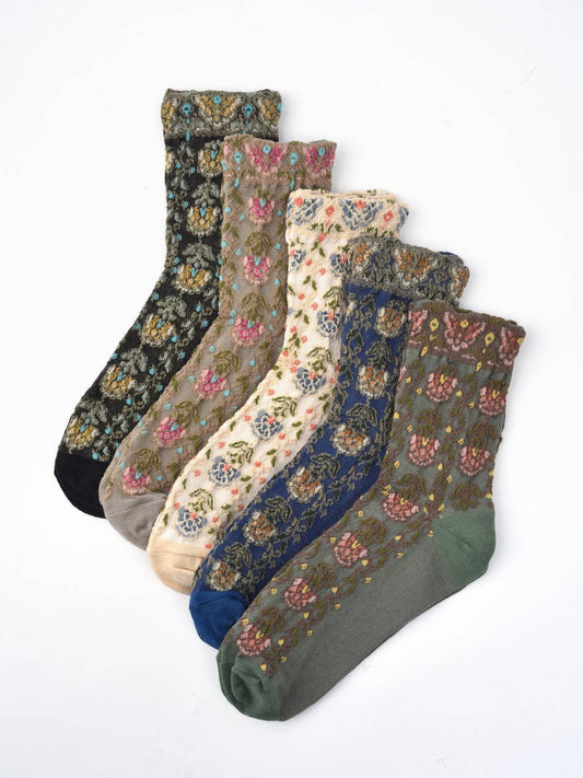 Rufia Embossed Vintage Floral Mid-Calf Socks | Retro Bohemian Style