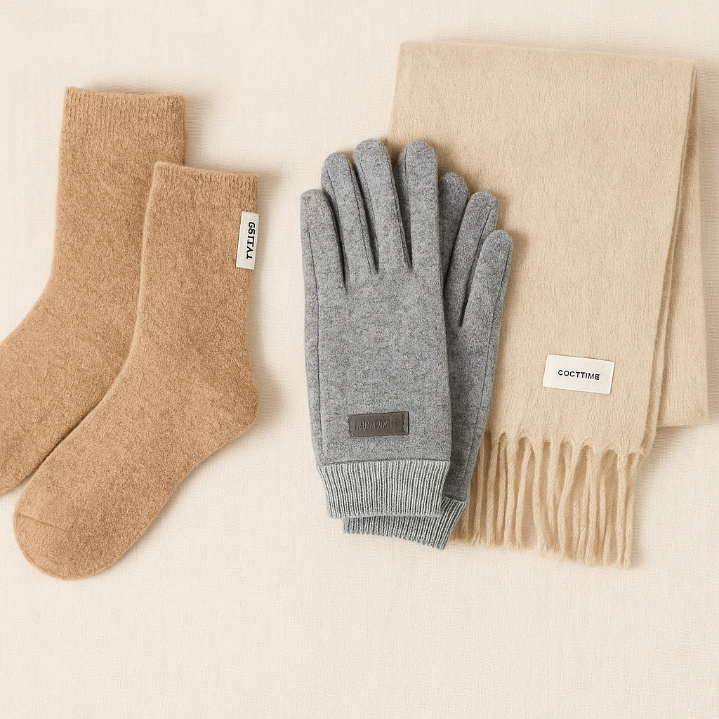 🧣🧤🧦 Cozy Winter Comfort Trio  (Pebble Beige Scarf · Grey Gloves · Beige Socks)